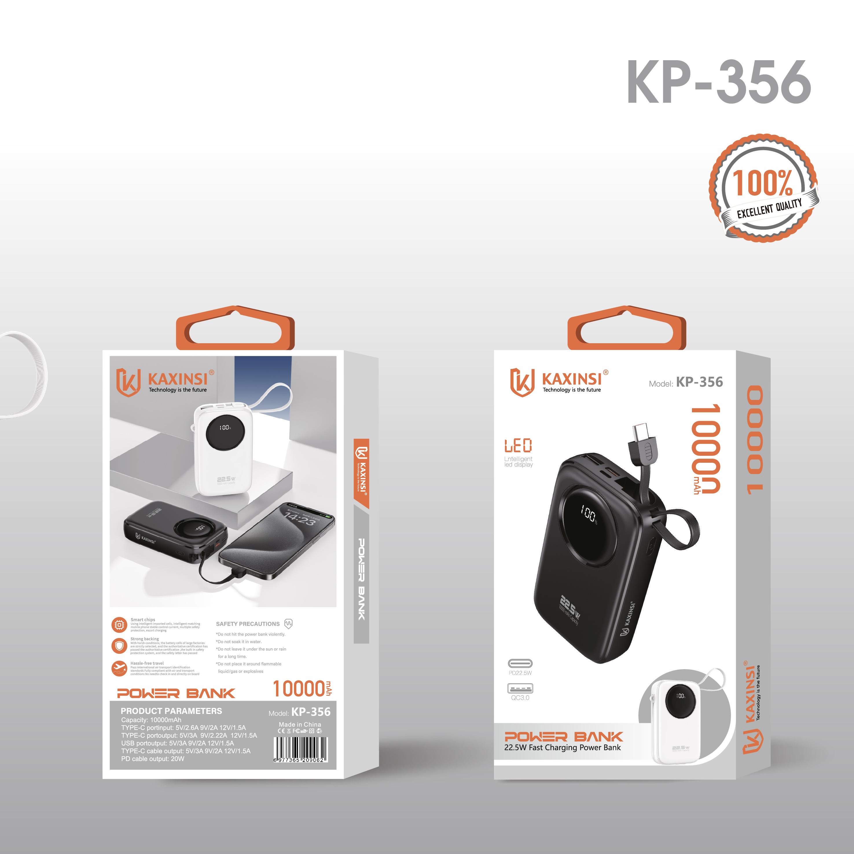 KAXINSI KP-356 10000mah 22.5W LED FastCharging Power Bank with lightning and T-C cable